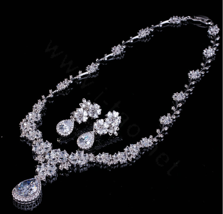 Luxury Wedding Banquet Jewelry Sets Diamond Water-drop Flower Earrings & Bridal Zircon Statement Necklace