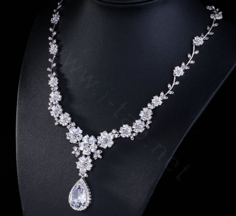 Luxury Wedding Banquet Jewelry Sets Diamond Water-drop Flower Earrings & Bridal Zircon Statement Necklace