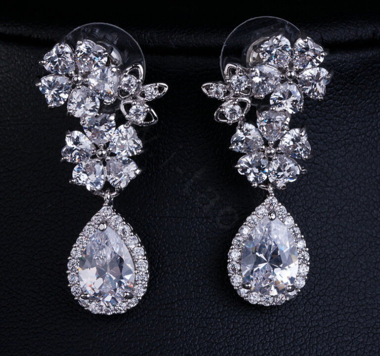 Luxury Wedding Banquet Jewelry Sets Diamond Water-drop Flower Earrings & Bridal Zircon Statement Necklace