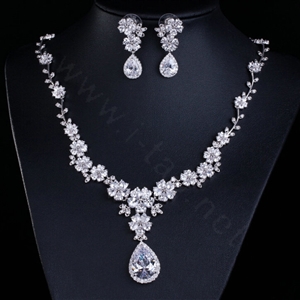 Luxury Wedding Banquet Jewelry Sets Diamond Water-drop Flower Earrings & Bridal Zircon Statement Necklace