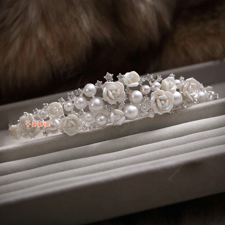 Luxury Wedding Banquet Jewelry Sets Porcelain Flower Crystal Tiara & Earrings & Bridal Pearl Necklace