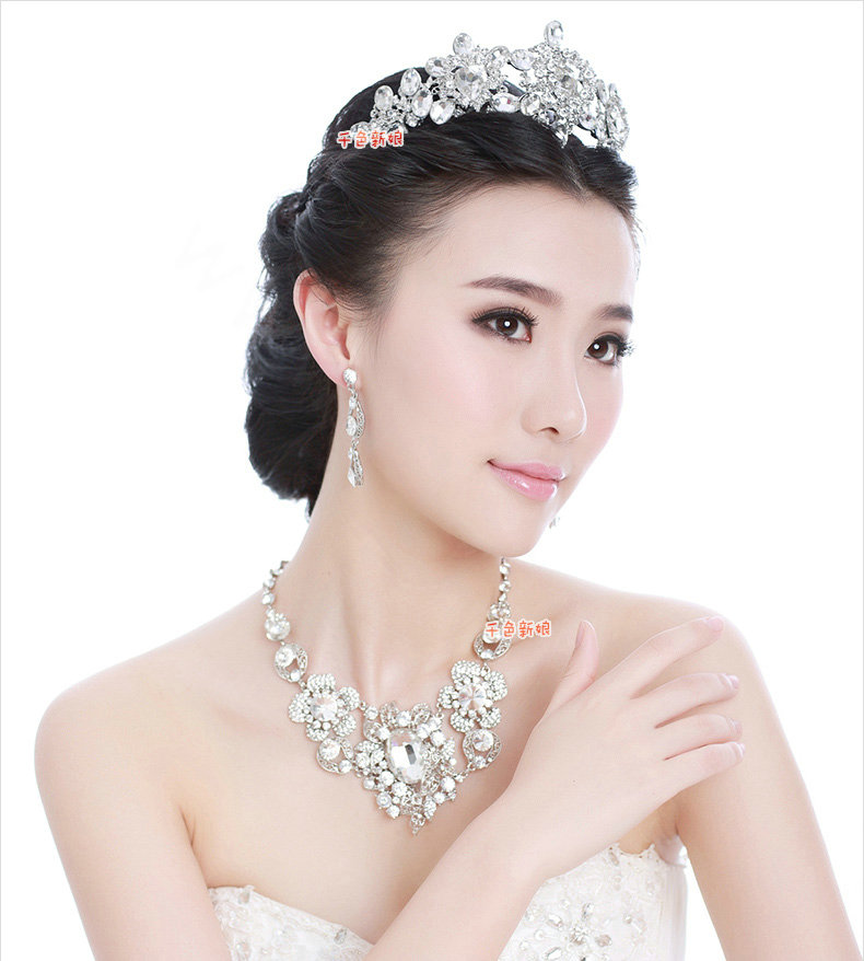 Luxury Wedding Banquet Jewelry Sets for Bridal Crystal Flower Big Tiara & Earrings & Necklace