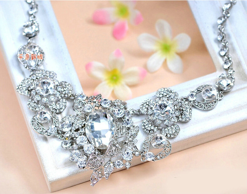 Luxury Wedding Banquet Jewelry Sets for Bridal Crystal Flower Big Tiara & Earrings & Necklace