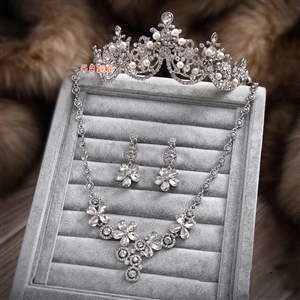 Luxury Wedding Bridal Jewelry Classic Flower Pearl Crystal Tiara Necklace Earrings Sets