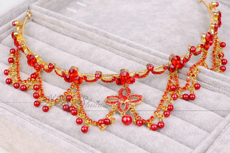 Luxury Wedding Jewelry Red Pearl Crystal Tassel Tiaras Bridal Rhinestone Headband Hair Hoop Accessories
