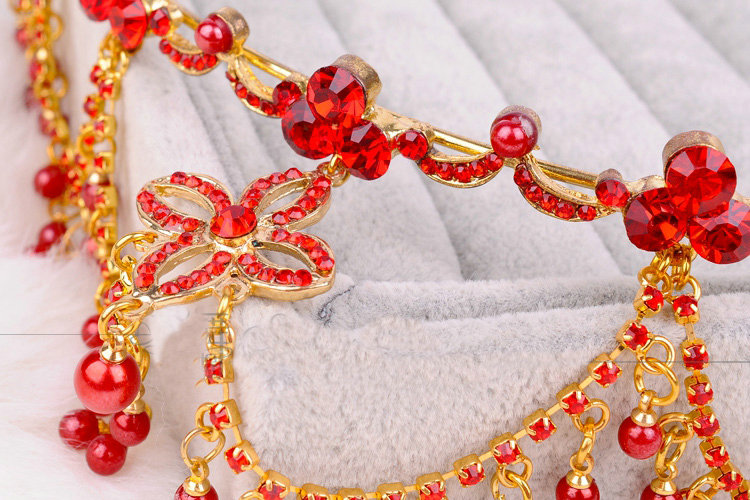 Luxury Wedding Jewelry Red Pearl Crystal Tassel Tiaras Bridal Rhinestone Headband Hair Hoop Accessories