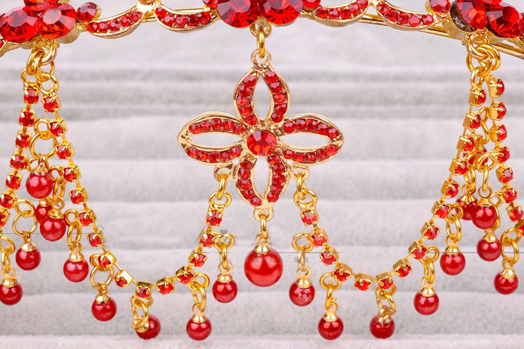 Luxury Wedding Jewelry Red Pearl Crystal Tassel Tiaras Bridal Rhinestone Headband Hair Hoop Accessories