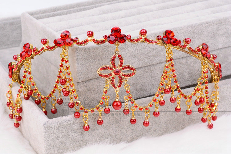 Luxury Wedding Jewelry Red Pearl Crystal Tassel Tiaras Bridal Rhinestone Headband Hair Hoop Accessories