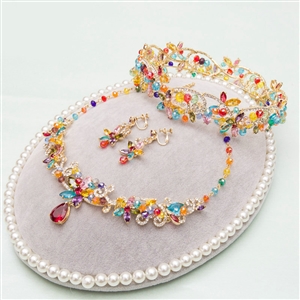 Luxury Wedding Jewelry Sets Colorful Crystal Beads Flower Tiara & Earrings & Bridal Zircon Statement Necklace