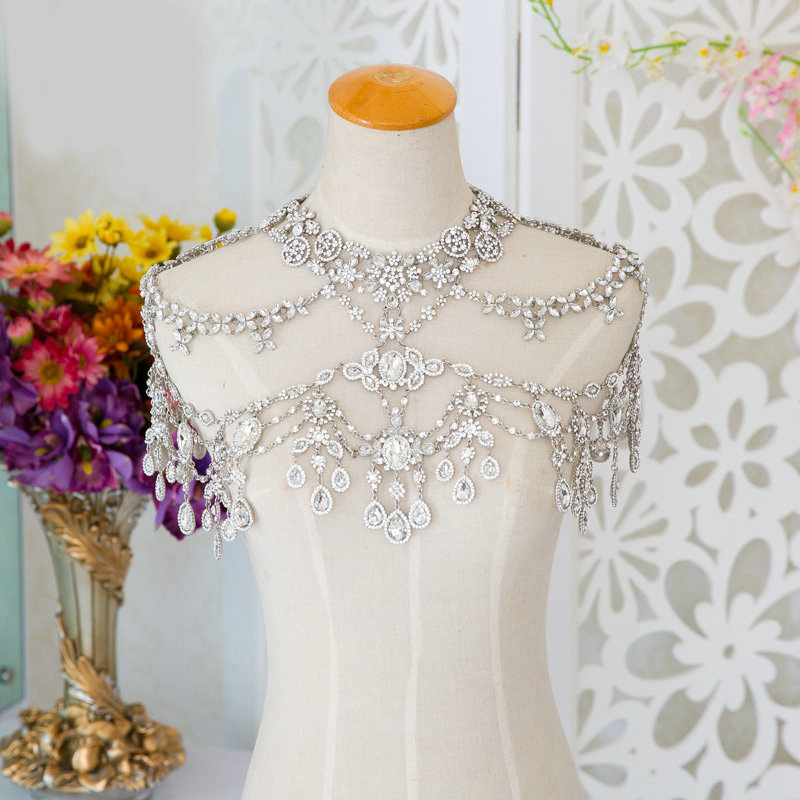 Luxury Wedding Jewelry Sets Earrings & Bridal Crystal Flower Tassel Necklace Shoulder Accessories