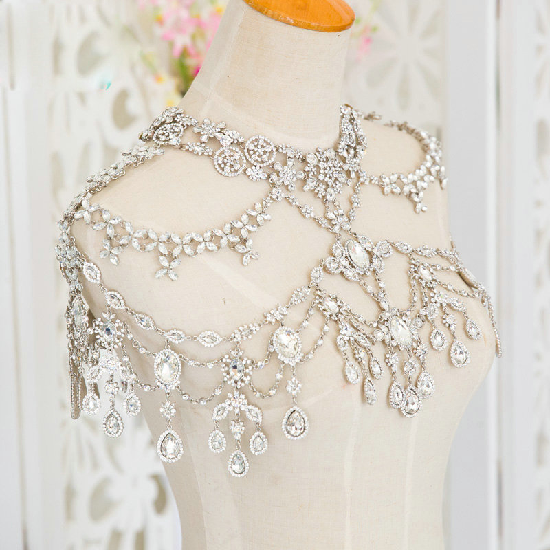 Luxury Wedding Jewelry Sets Earrings & Bridal Crystal Flower Tassel Necklace Shoulder Accessories