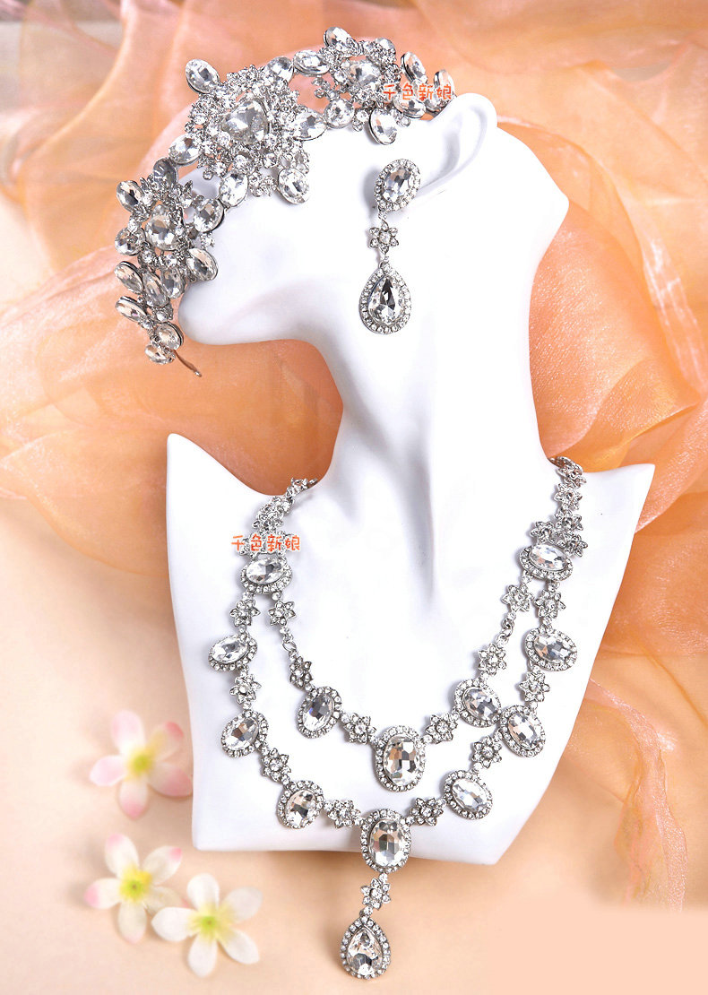Luxury Wedding Jewelry Sets for Bridal Crystal Water-drop Tiara & Earrings & Rhinestone Necklace