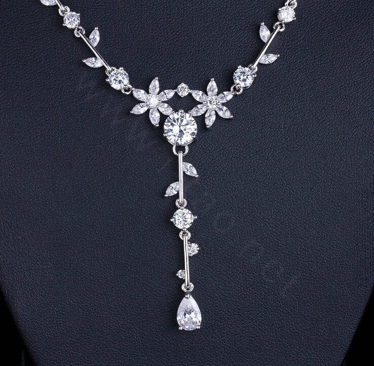Simple Elegant Banquet Wedding Jewelry Sets Flower Diamond Earrings & Bridal Zircon Pendant Necklace