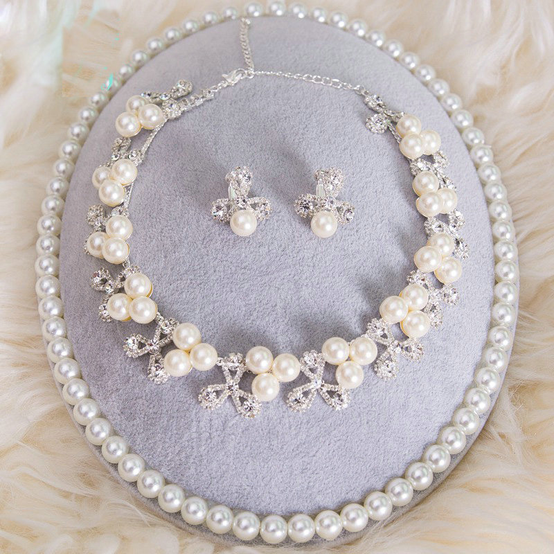 Simple Wedding Jewelry Sets Pearl Flower Crystal Tiara & Earrings & Bridal Rhinestone Necklace