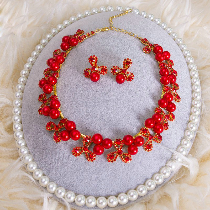 Simple Wedding Jewelry Sets Red Pearl Flower Crystal Earrings & Bridal Rhinestone Necklace