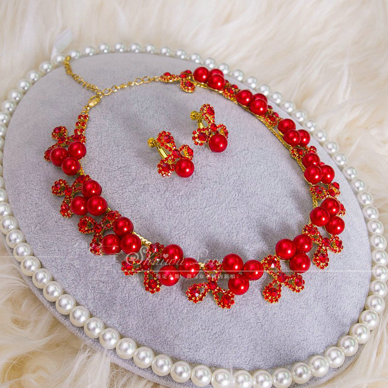 Simple Wedding Jewelry Sets Red Pearl Flower Crystal Earrings & Bridal Rhinestone Necklace