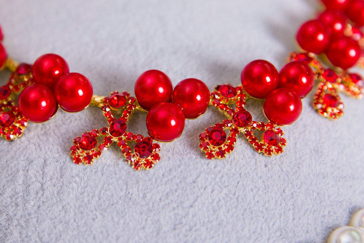 Simple Wedding Jewelry Sets Red Pearl Flower Crystal Earrings & Bridal Rhinestone Necklace