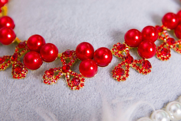 Simple Wedding Jewelry Sets Red Pearl Flower Crystal Earrings & Bridal Rhinestone Necklace
