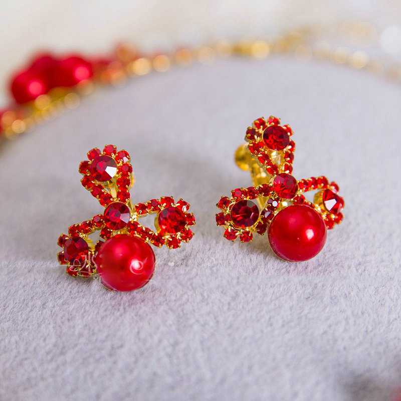 Simple Wedding Jewelry Sets Red Pearl Flower Crystal Earrings & Bridal Rhinestone Necklace