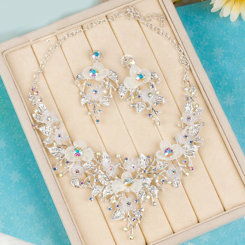 Unique Fashion Wedding Jewelry Sets AB Crystal Floral Earrings & Bridal Rhinestone Necklace