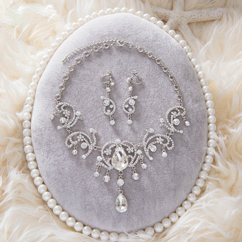 Unique Fashion Wedding Jewelry Sets Crystal Flower Earrings & Bridal Tassel Rhinestone Necklace