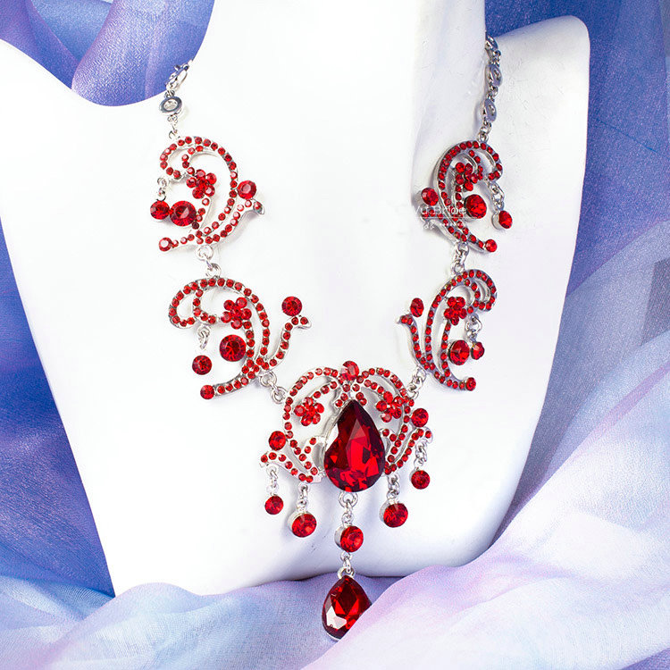 Unique Fashion Wedding Jewelry Sets Red Crystal Flower Earrings & Bridal Tassel Rhinestone Necklace