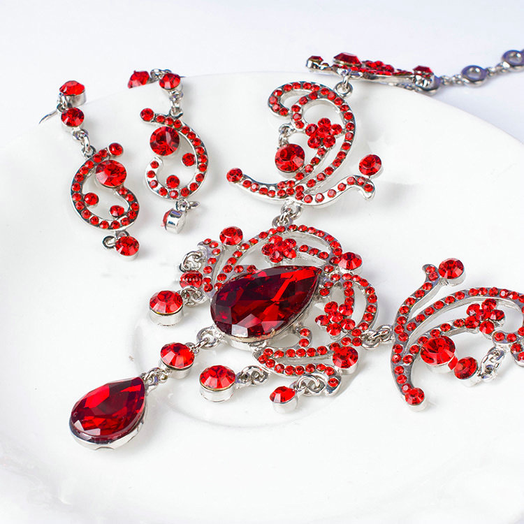 Unique Fashion Wedding Jewelry Sets Red Crystal Flower Earrings & Bridal Tassel Rhinestone Necklace