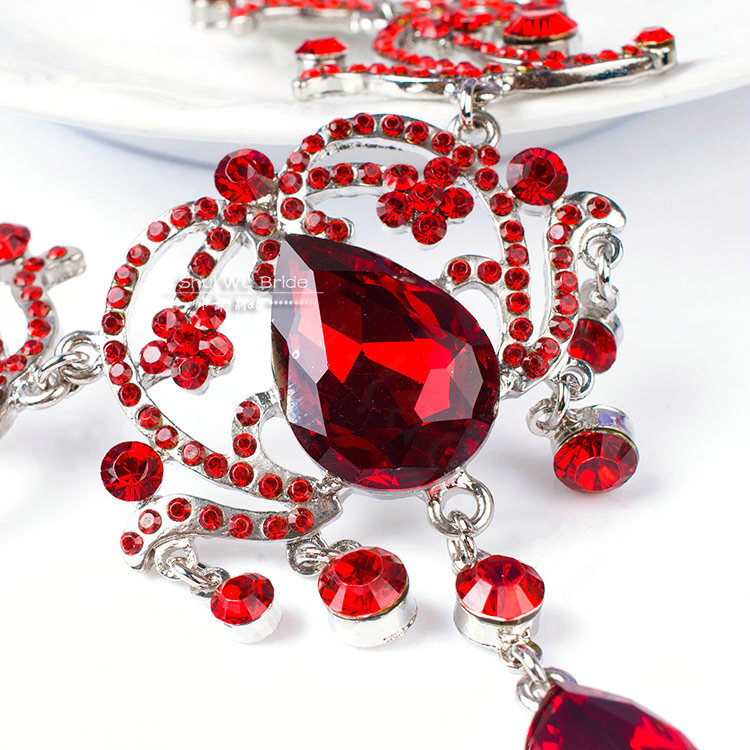 Unique Fashion Wedding Jewelry Sets Red Crystal Flower Earrings & Bridal Tassel Rhinestone Necklace