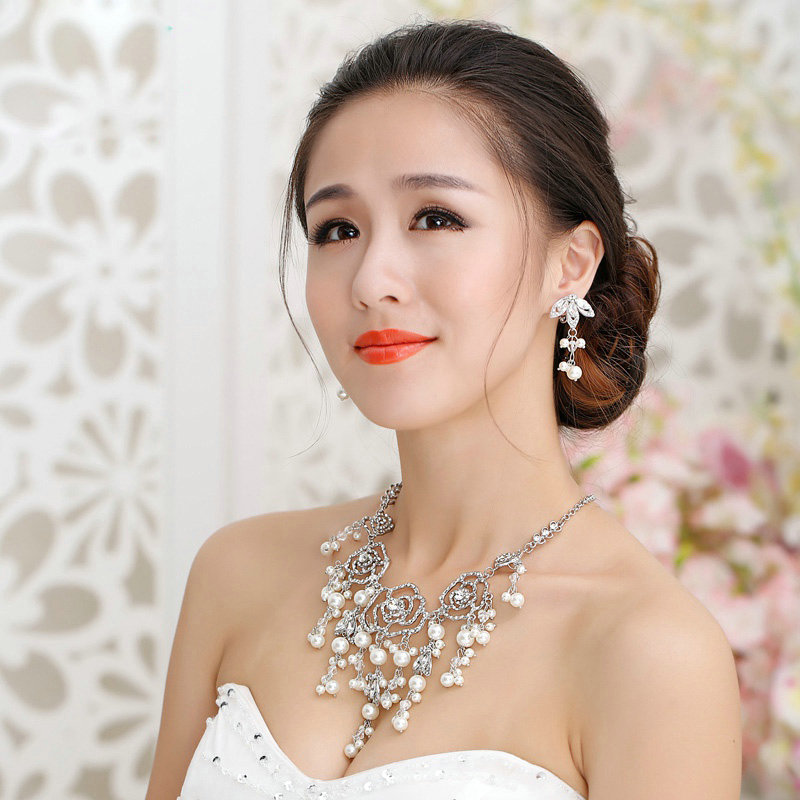 Unique Wedding Jewelry Sets Pearl Flower Crystal Lace Headdress & Earrings & Bridal Rhinestone Necklace
