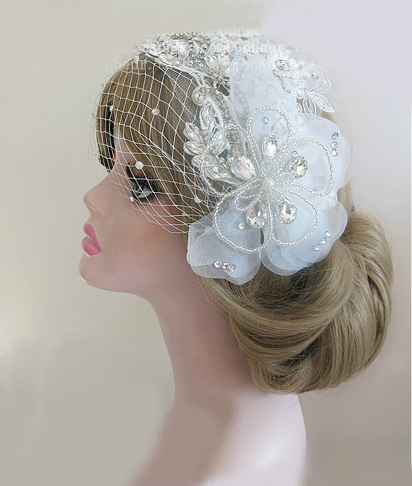 Vintage Mesh Crystal Bridal Hairwear Lace Flower Hair Headband Jewelry Wedding Bride Hair Accessories