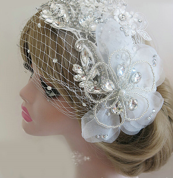 Vintage Mesh Crystal Bridal Hairwear Lace Flower Hair Headband Jewelry Wedding Bride Hair Accessories