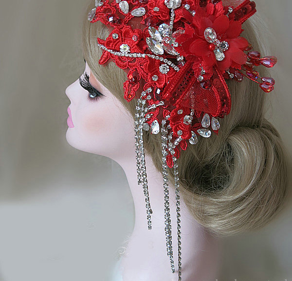 Vintage Tassel Crystal Bridal Hairwear Red Lace Flower Hair Headband Wedding Hair Accessories