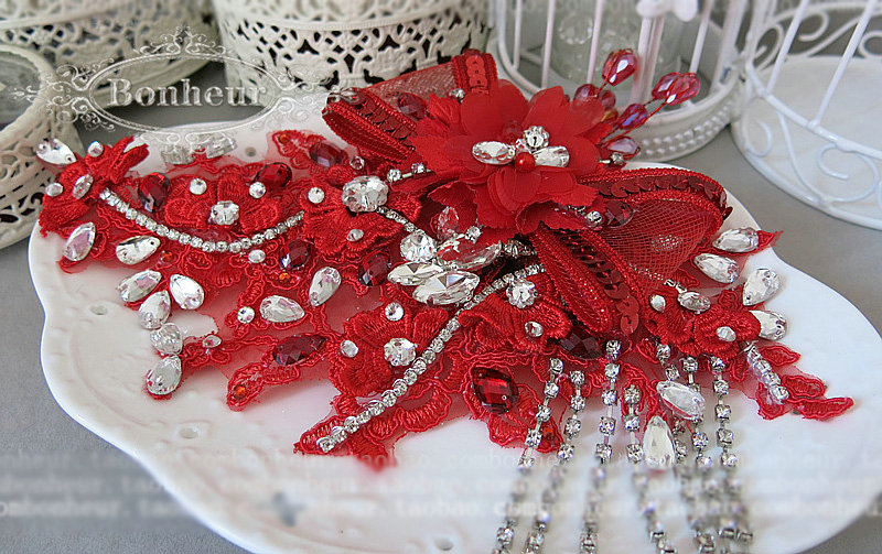Vintage Tassel Crystal Bridal Hairwear Red Lace Flower Hair Headband Wedding Hair Accessories