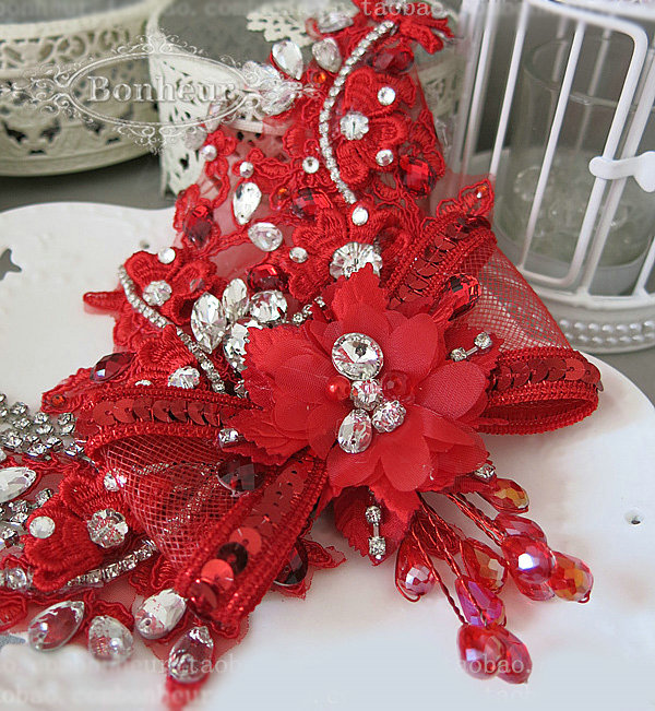 Vintage Tassel Crystal Bridal Hairwear Red Lace Flower Hair Headband Wedding Hair Accessories