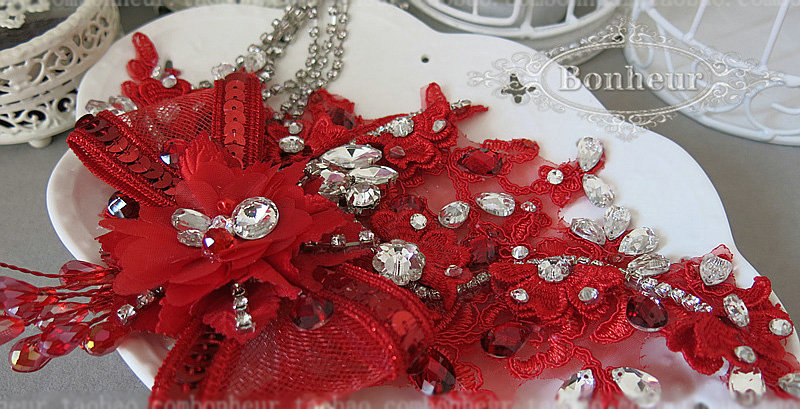 Vintage Tassel Crystal Bridal Hairwear Red Lace Flower Hair Headband Wedding Hair Accessories