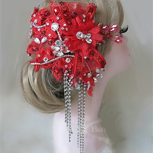 Vintage Tassel Crystal Bridal Hairwear Red Lace Flower Hair Headband Wedding Hair Accessories