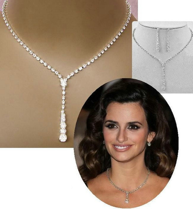 Crystal Tennis Drop 14-17 Silver Bridal Bridesmaid Jewelry Sets Rhinestone Necklace Earrings