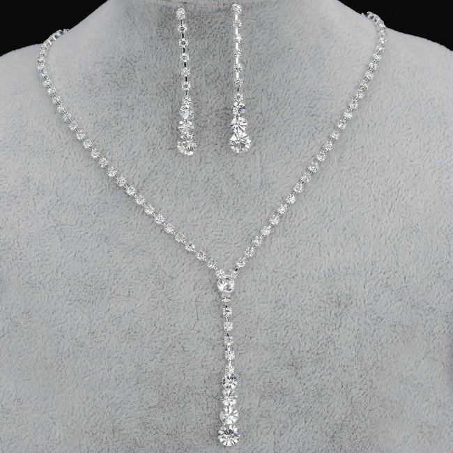 Crystal Tennis Drop 14-17 Silver Bridal Bridesmaid Jewelry Sets Rhinestone Necklace Earrings