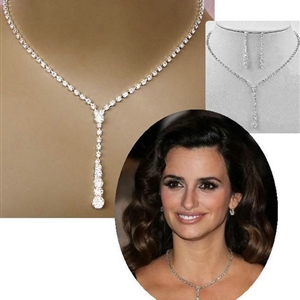 Crystal Tennis Drop 14-17 Silver Bridal Bridesmaid Jewelry Sets Rhinestone Necklace Earrings