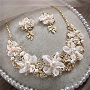 Elegant Bridal Wedding Lace Flower Alloy Rhinestone Pearl Crystal Necklace Earrings Jewellery Sets