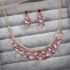 Elegant Bride Wedding Alloy Square Pink Rhinestone Crystal Necklace Earrings Set Bridal Party Gift