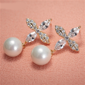 Elegant Wedding Bridal Europe Gold Clovers Pearl Zircon Eardrop Earrings Woman Jewelry
