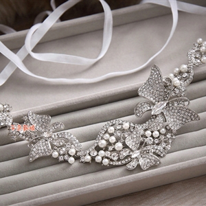 Elegant Wedding Headdress Rhinestone Crystal Pearl Butterfly Bridal Headband Ribbon Hair Accessories