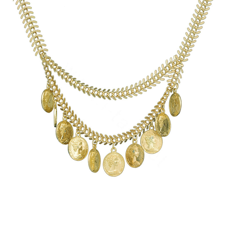 Europe Fashion Retro Women Two-layer Gold-plated Metal Fishbone Chain Tassel Coin Punk Bib Necklace