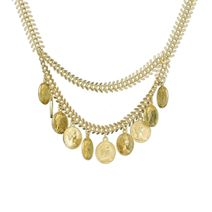 Europe Fashion Retro Women Two-layer Gold-plated Metal Fishbone Chain Tassel Coin Punk Bib Necklace