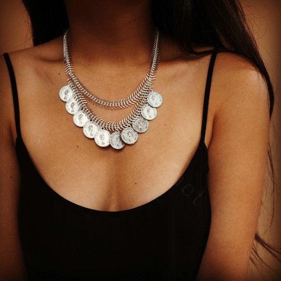 Europe Fashion Retro Women Two-layer Silver Gold-plated Metal Fishbone Chain Tassel Coin Punk Bib Necklace