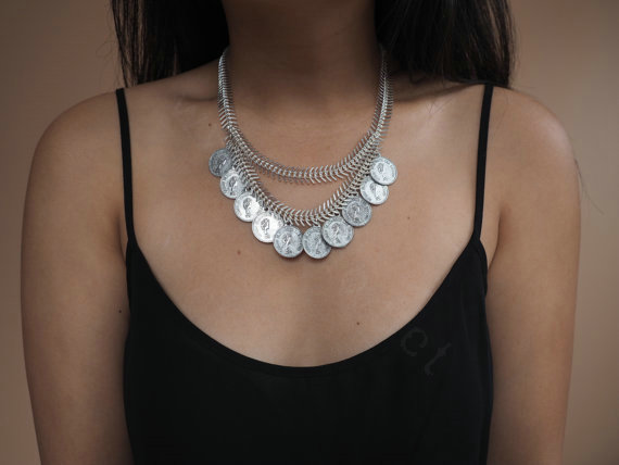 Europe Fashion Retro Women Two-layer Silver Gold-plated Metal Fishbone Chain Tassel Coin Punk Bib Necklace