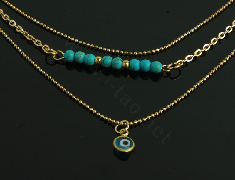 European Fashion Women Multi layers Turquoise Eyes Curved Pipe Gold-plated Necklace Clavicle Chain