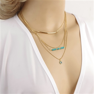 European Fashion Women Multi layers Turquoise Eyes Curved Pipe Gold-plated Necklace Clavicle Chain
