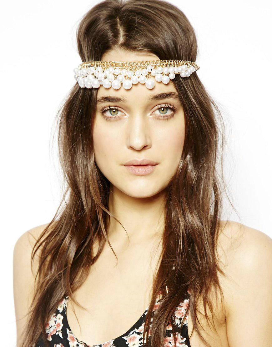 Exaggeration Fashion Woman Alloy Chain Multilayer Pearl Tassel Elastic Headband Hair Accessories